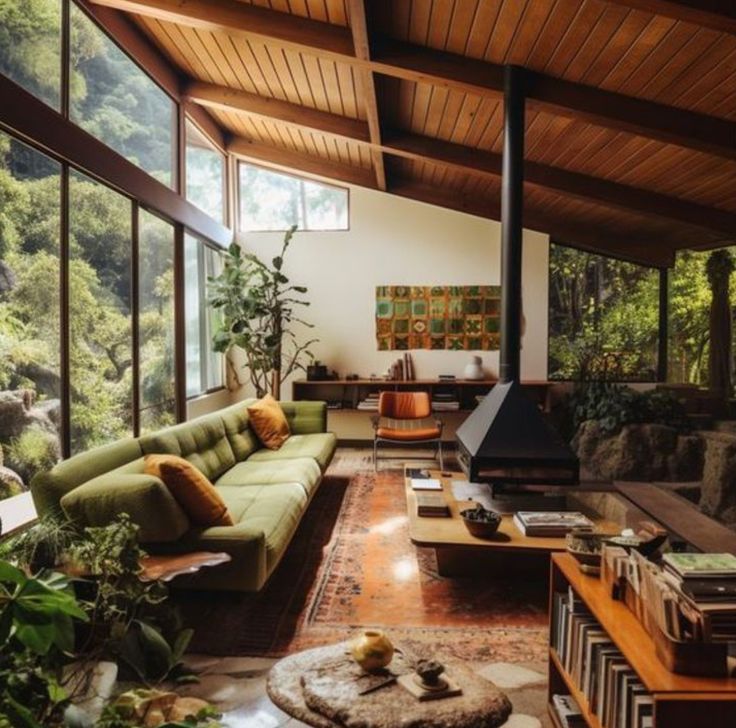 a living room filled with lots of furniture next to a fire place in a forest