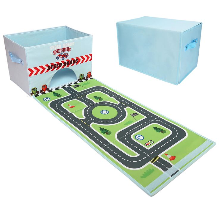 a play mat with cars and trucks on it in front of a blue storage box