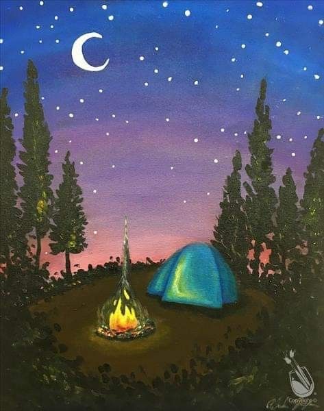 an acrylic painting of a tent and campfire at night