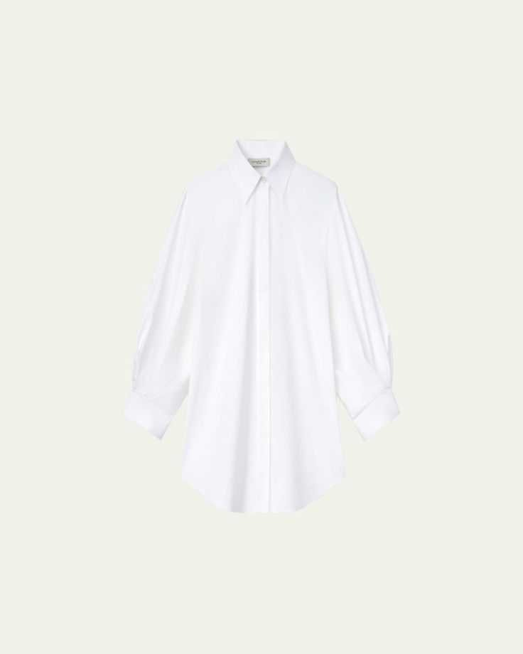 Lafayette 148 New York blouse in cotton with pleated sleeve details    Approx. 25"L from shoulders to hem    Spread collar; concealed button front    3/4 blouson sleeves    Button cuffs    Shirttail hem    Slim fit    Cotton    Imported Classic Cotton Tops With Pleated Sleeves, Cotton Blouse With Pleated Sleeves For Daywear, Collared Blouse With Pleated Sleeves For Daywear, Classic Office Blouse With Gathered Sleeves, Chic Shirt With Gathered Sleeves For Work, Chic Workwear Shirt With Gathered Sleeves, Relaxed Fit Blouse With Pleated Sleeves For Daywear, Formal Tops With Pleated Bishop Sleeves, Formal Top With Pleated Bishop Sleeves