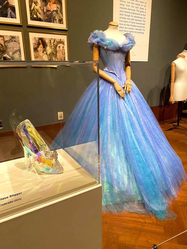 a dress and shoes on display in a museum