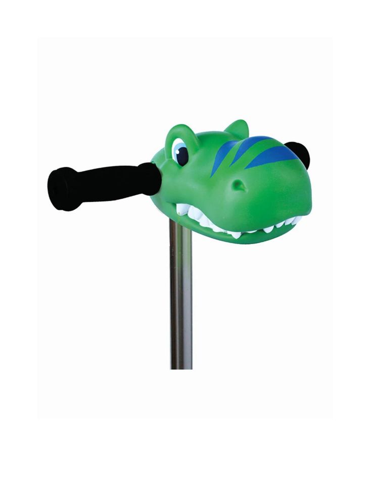 a green and black alligator head mounted on a metal pole