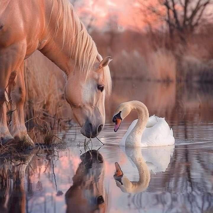 a horse and a swan are in the water with their heads close to each other