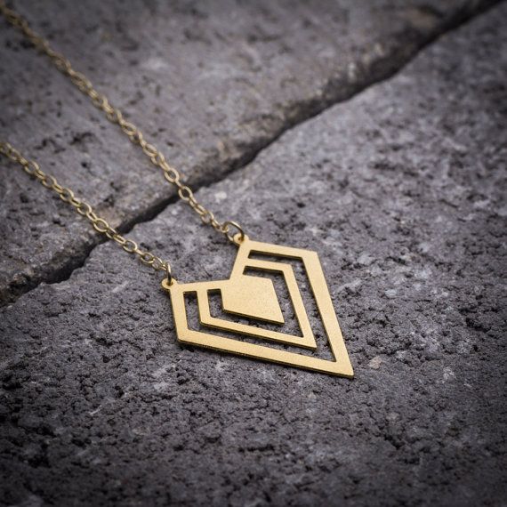 Geometric necklace gold diamond necklace diamond shape by ByYaeli Modern Gold Heart Pendant Necklace, Minimalist Diamond-shaped Necklace For Gift, Modern Gold Necklace With Heart Pendant, Diamond-shaped Gold Necklaces For Gifts, Minimalist Geometric Metal Necklace, Minimalist Triangle Metal Necklace, Gold Triangle Metal Jewelry, Gold Geometric Metal Jewelry, Modern Triangle Jewelry For Gift