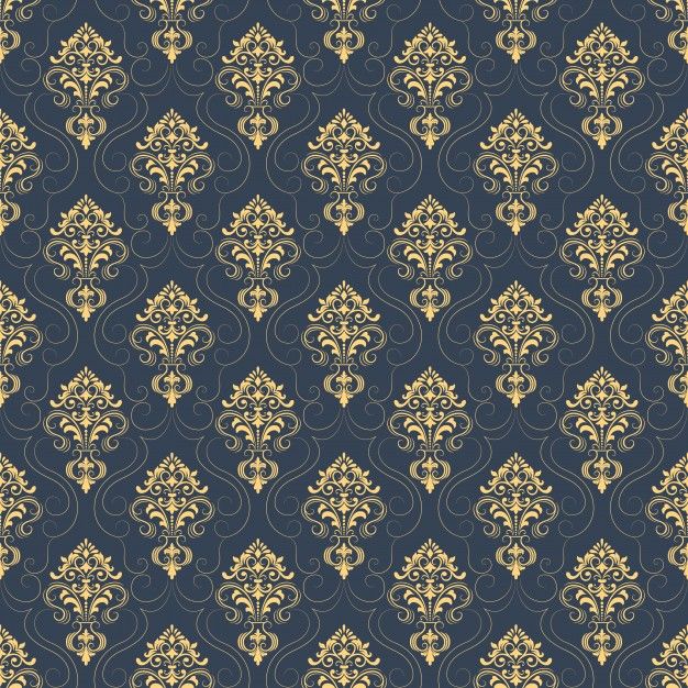 an ornate blue and gold wallpaper pattern with swirls in the center on a dark background