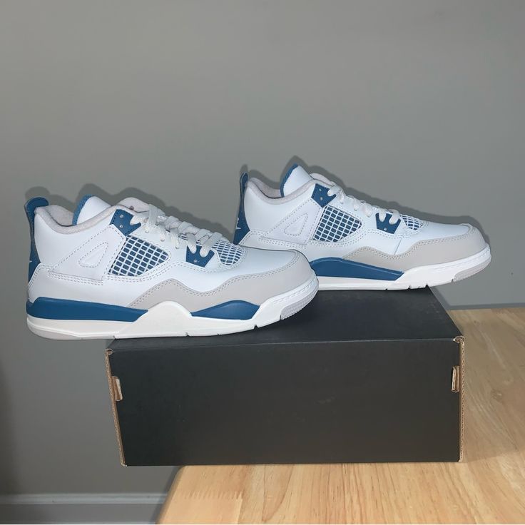 Air Jordan 4 Retro Military Blue Ps Shoes . Preschool Size 2.5y , 3y . New With The Original Box . Casual Gray Jordan Shoes With Air Max Cushioning, Casual Air Jordan 4 Low-top Fade-resistant, Casual Gray Air Jordan 4 For Streetwear, Casual Low-top Air Jordan 4, Fade-resistant, Casual Gray Air Jordan 4 For Sports, Gray Air Jordan 4 Casual Streetwear, Casual Air Jordan 4 For Light Sports, Fade-resistant, Fade-resistant Air Jordan 4 Low-top For Light Sports, Gray Air Jordan 4 Sports Shoes With Round Toe