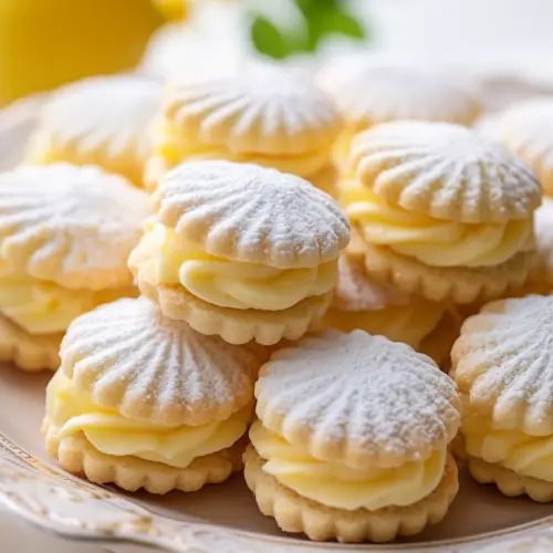 lemon meringue cookies with powdered sugar are on a plate next to some lemons