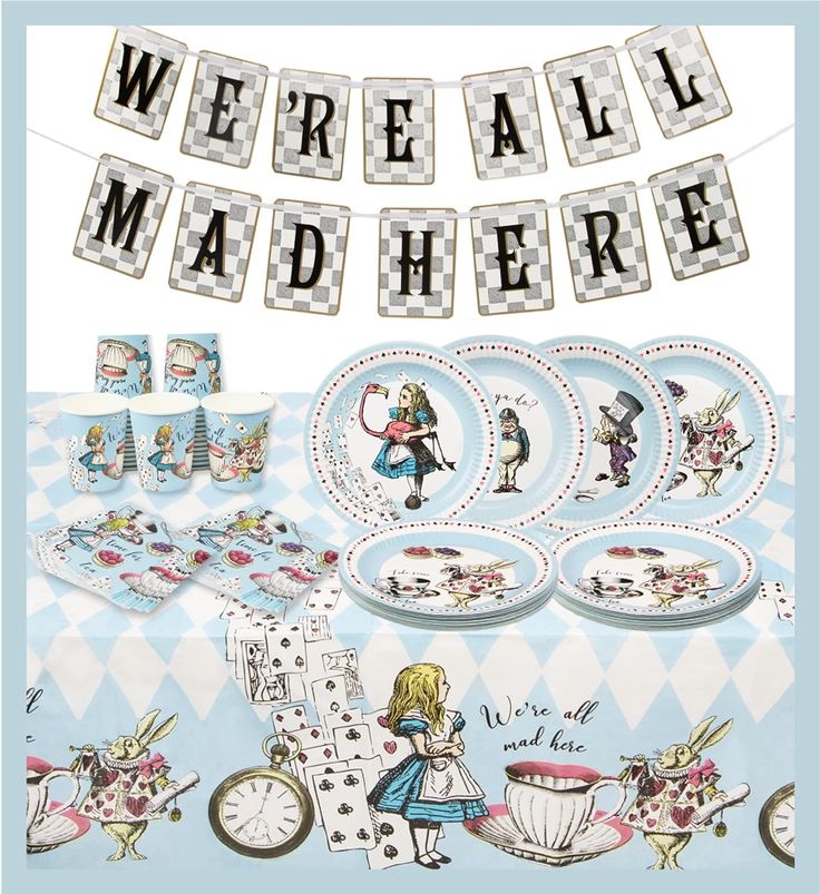 we're all mad here party supplies including plates, cups and napkins with alice in wonderland on them