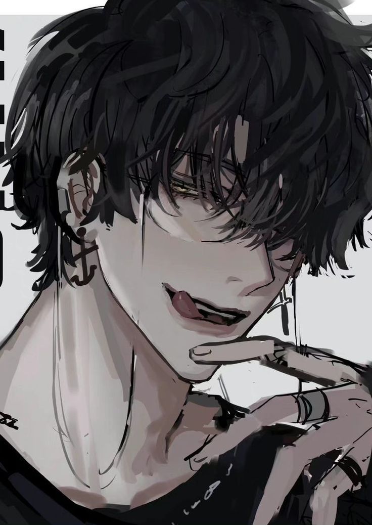 an anime character with black hair and piercings