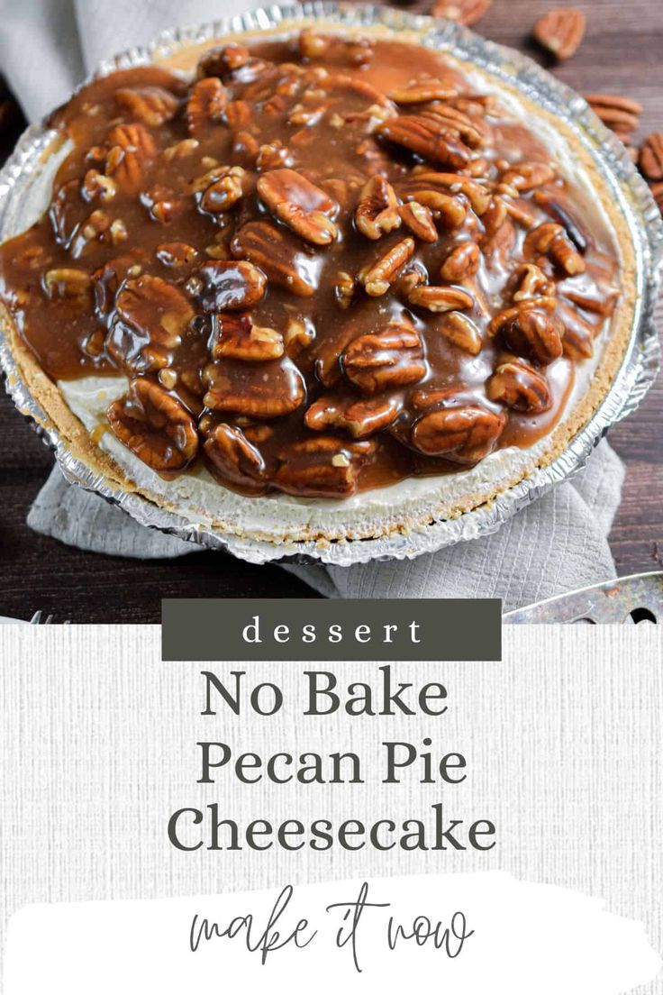 no bake pecan pie cheesecake with chocolate frosting and pecans on top