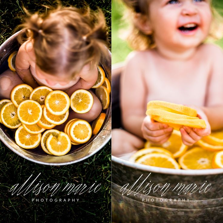 two pictures of a baby in a tub full of orange slices and water with the caption miss morgan photography