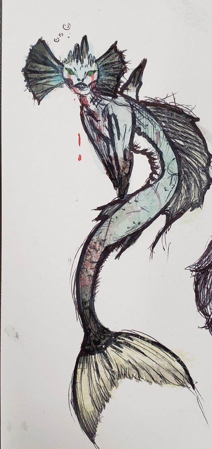 a drawing of a mermaid with blood dripping from her mouth and tail, on white paper