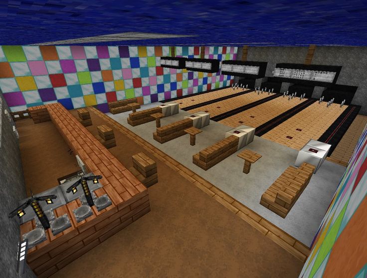 minecraft bowling alley - Google Search Minecraft Arcade Building, Fun Minecraft Ideas, Minecraft Grocery Store Interior, Minecraft Nightclub, Minecraft Grocery Store, Minecraft Beach Builds, Minecraft Gym, Minecraft City Builds, Minecraft Playground