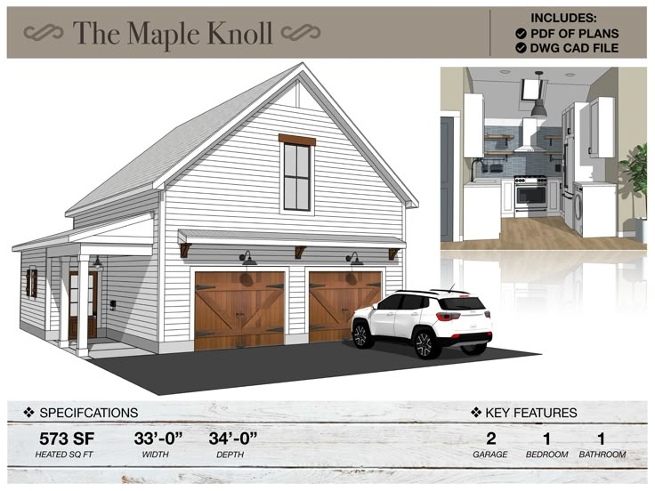 the maple knoll plan is shown with two car garages and one living area