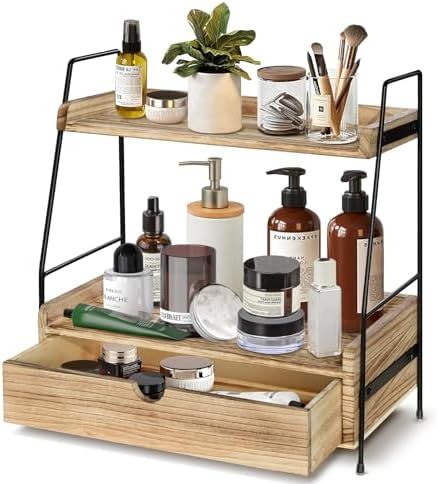 a wooden shelf filled with lots of different types of cosmetics and personal care items on top of it