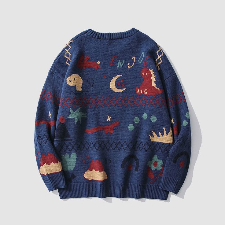 Features: Unisex Pullover Round neck Long sleeves Splicing Cartoon print Ribbed sleeve cuffs and bottom hem Material: Acrylic, Cotton, Polyester Dinosaur Sweater, Retro Fashion Outfits, Egirl Outfits, Retro Fashion Women, Pullover Mode, Comfortable Sweater, Stylish Sweaters, Print Sweater, Sweater Sale