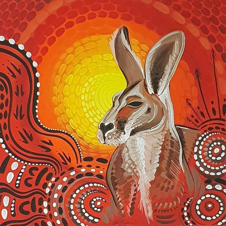 a painting of a kangaroo in front of an orange sun