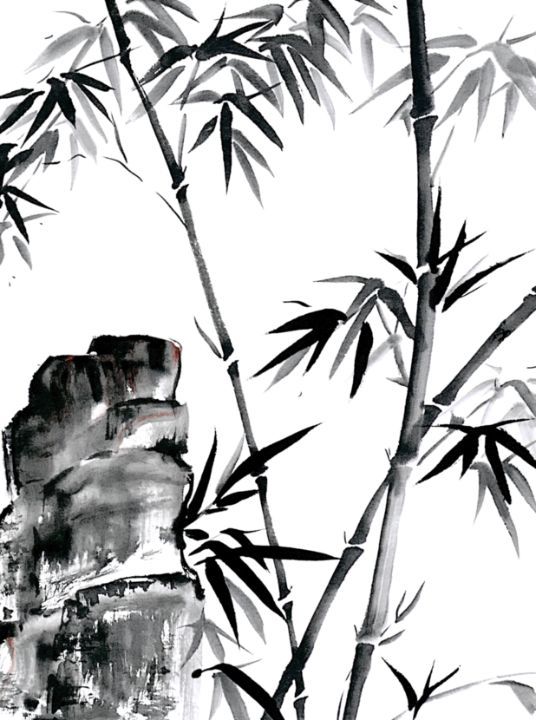 an ink painting of bamboo trees with white background