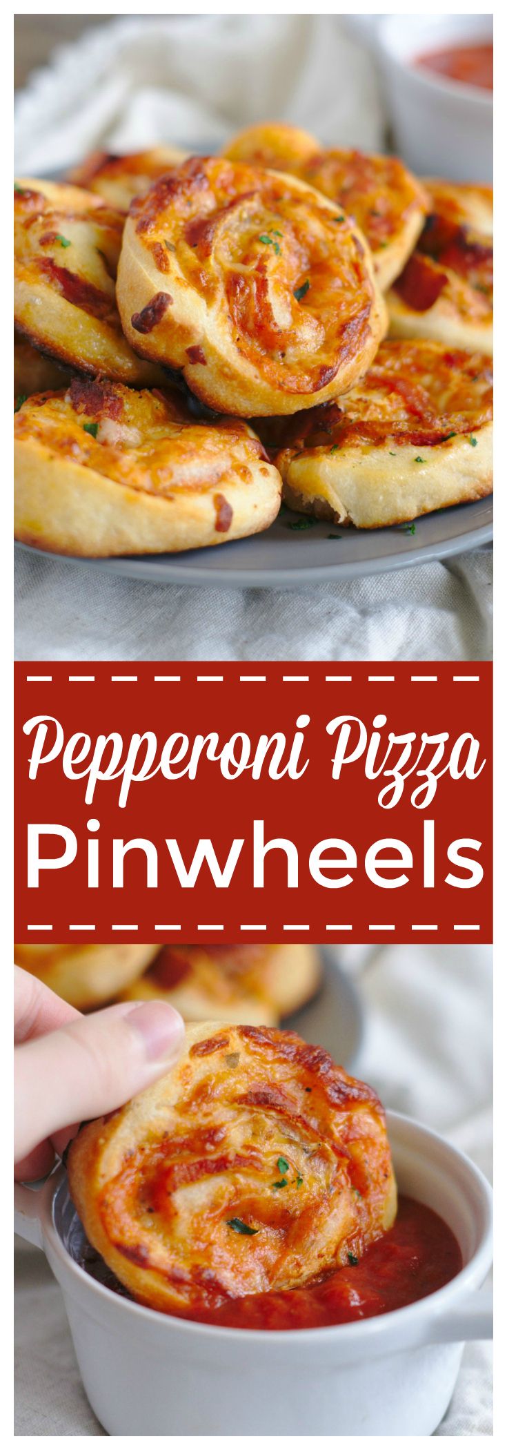 pepperoni pizza pinwheels in a white bowl and on a plate with sauce