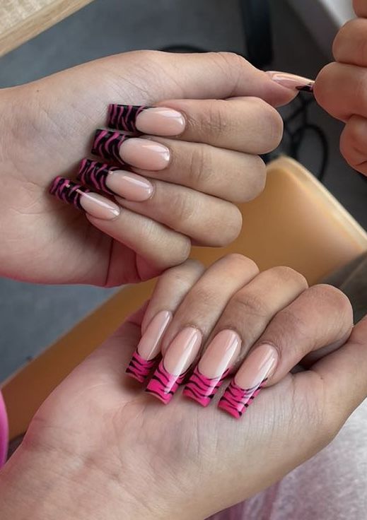 Y2k Pink French Tip, Black And Pink Zebra Nails, Pink Tiger Nails, Pink Zebra French Tip Nails, Black And Pink French Tip Nails, Blue Zebra Nails, Black Zebra Nails, Zebra French Tip Nails, Zebra Stripe Nails