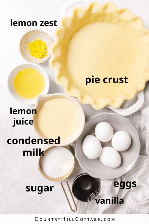 ingredients for pie laid out on top of a white tablecloth with text overlay