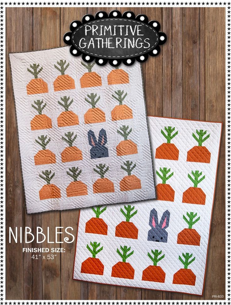 two quilts with carrots and bunnies on them, one is for primitive gathering