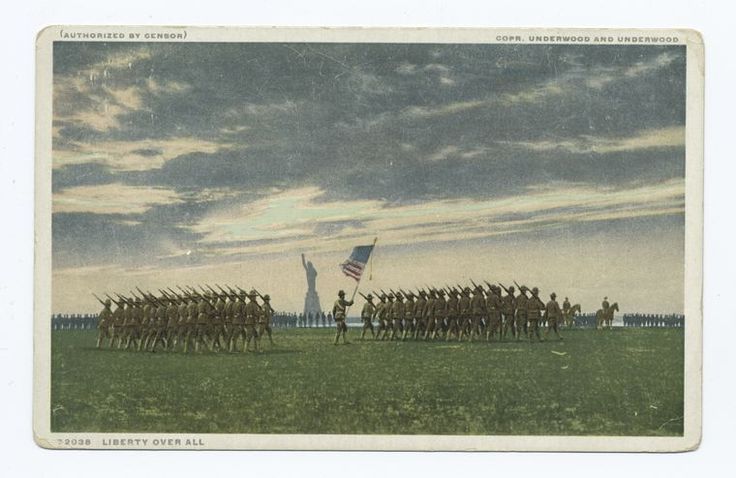 an old postcard depicting the american flag being raised by men in uniforms on horseback