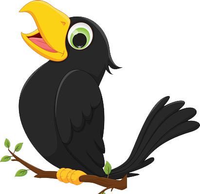 a cartoon black bird sitting on a branch with its beak open and eyes wide open