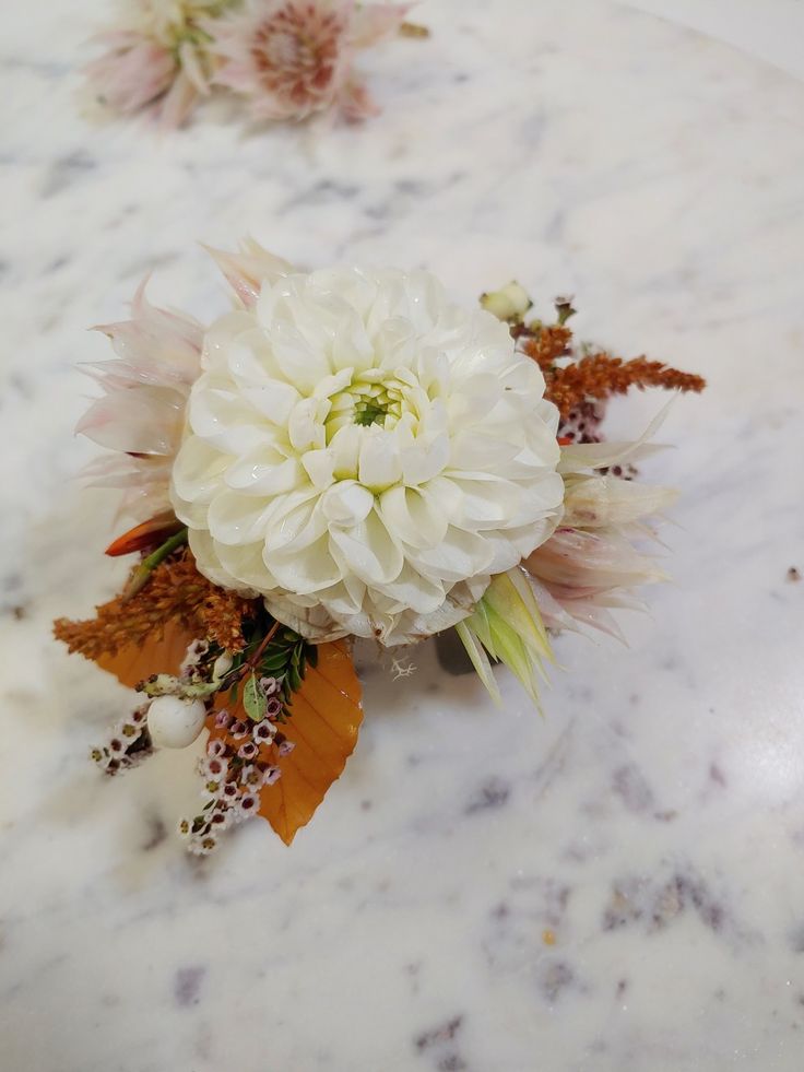 a white flower is sitting on a marble surface