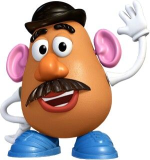 a cartoon potato with a moustache on his face and hands in the air