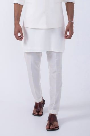 Ivory bam silk kurta featuring a front buttoned placket. Paired with a suiting bundi jacket adorned with abstract thread embroidery and ivory cotton silk pyjama., Fit: Relaxed White Resham Embroidered Nehru Jacket In Cotton Silk, Designer Cream Nehru Jacket Straight Kurta, Traditional Embroidered Off-white Nehru Jacket, Formal Embroidered Off-white Nehru Jacket, Luxury Off-white Nehru Jacket With Cutdana Detailing, Pajama Pattern, Nehru Jackets, Silk Pajamas, Mandarin Collar