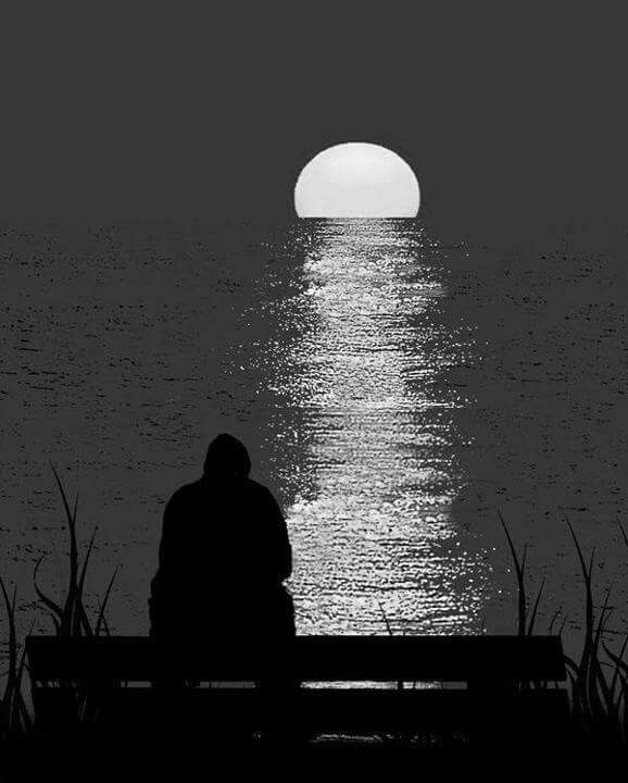 a person sitting on a bench in front of the ocean under a full moon at night