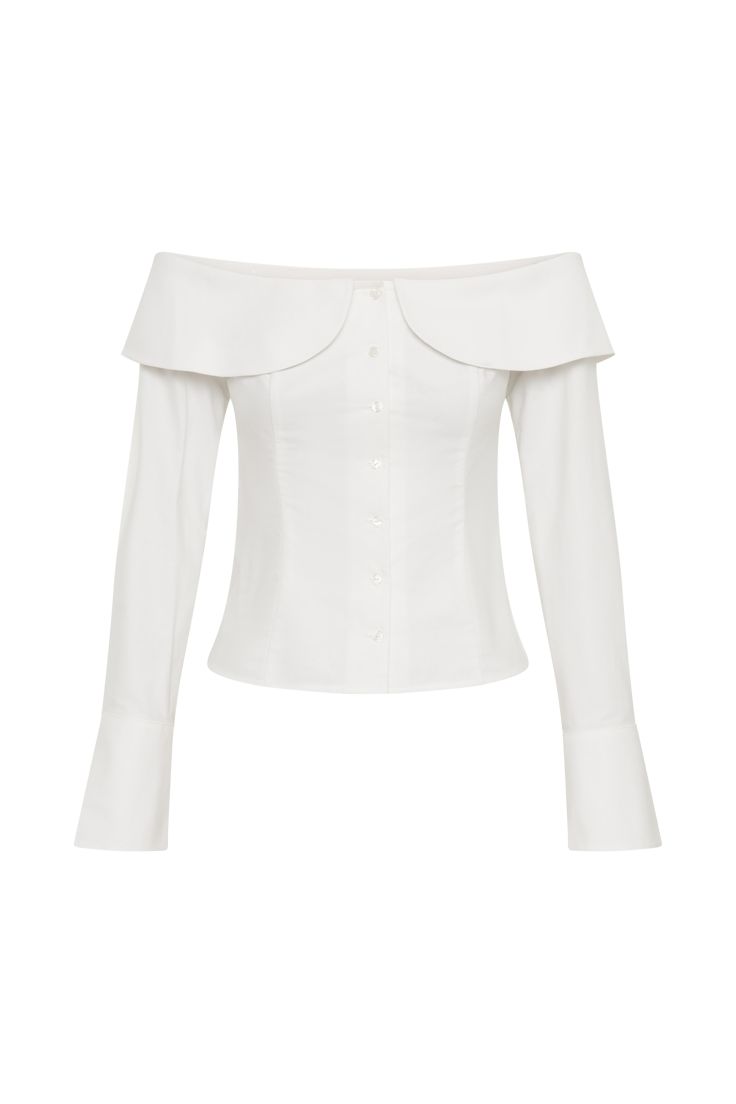 Classic everyday. The SPENCER Off Shoulder Shirting Top effortlessly blends classic tailoring with a modern twist. Featuring a centre front button closure and rounded collar shaping, this top showcases a chic Bardot neckline that elegantly frames the shoulders. Its fitted design and long sleeves with flared cuffs add a touch of sophistication and drama. Perfectly versatile, the Spencer pairs beautifully with the Angie Pleated Buckle Mini Skirt for a playful, refined look or with the Penelope Ple Capsule Wardrobe Accessories, Workwear Capsule Wardrobe, Workwear Capsule, The Spencer, Classic Tailoring, Bardot Neckline, European Summer Outfits, Wardrobe Accessories, Maxi Dress Sale