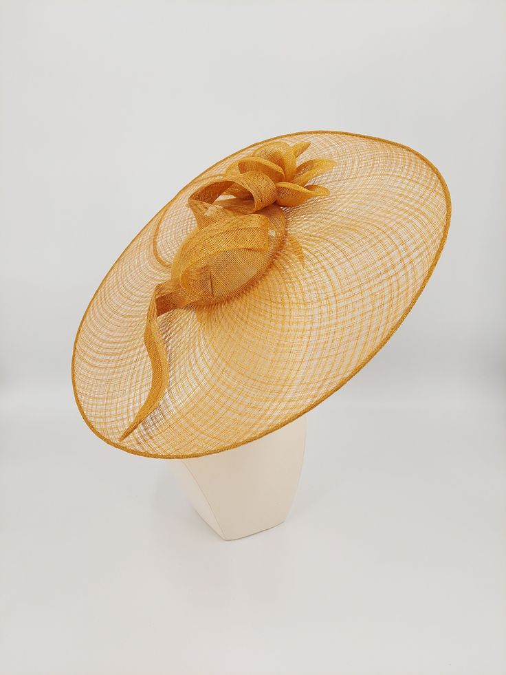 Stunning wide brimmed fascinator in goldenrod Gold Wide-brim Straw Hat For Kentucky Derby, Gold Wide Brim Straw Hat For Kentucky Derby, Gold Brimmed Straw Hat For Kentucky Derby, Gold Curved Brim Hat For Kentucky Derby, Adjustable Gold Straw Hat For Kentucky Derby, Adjustable Gold Brimmed Boater Hat, Gold Curved Brim Fascinator For Spring, Gold Curved Brim Hat For Formal Occasions, Gold Hats With Curved Brim For Formal Occasions