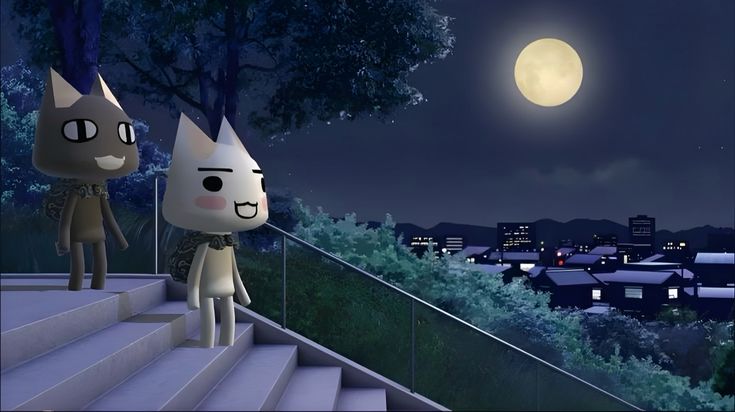 two cartoon cats are standing on the steps in front of a full moon and cityscape