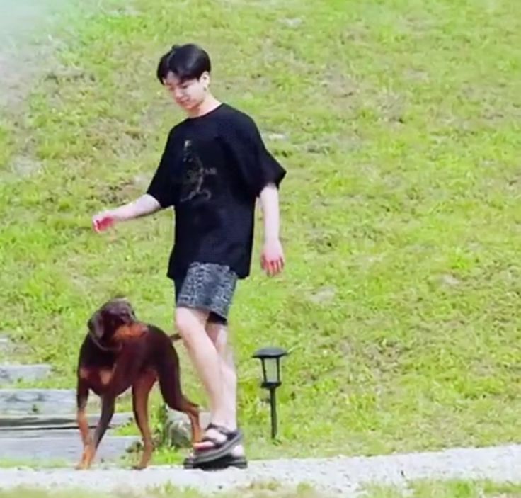 a young man is walking his dog in the park