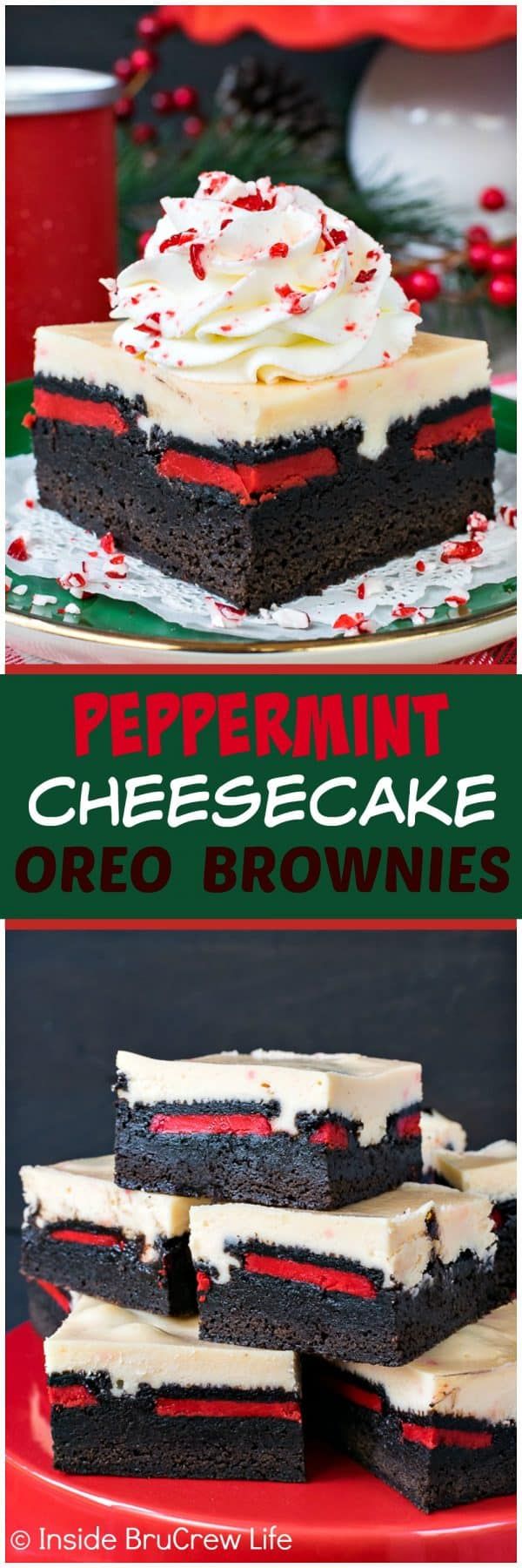 peppermint cheesecake oreo brownies with white chocolate frosting on top