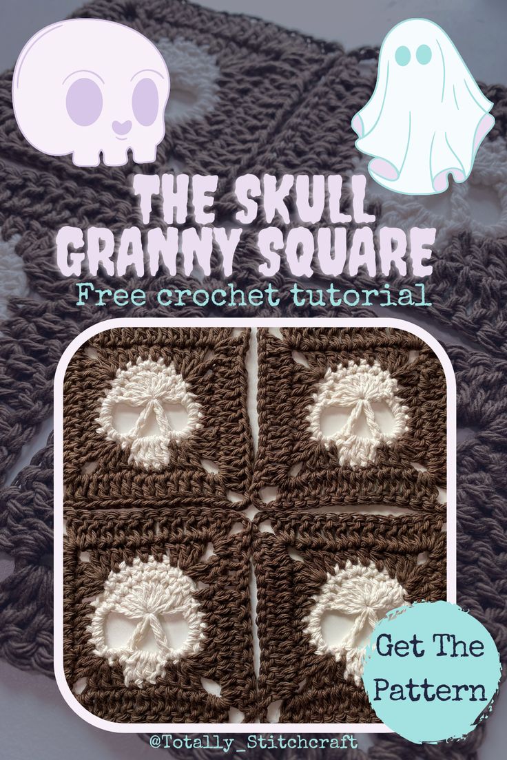 the skull granny square crochet pattern is shown in brown and white, with two skulls