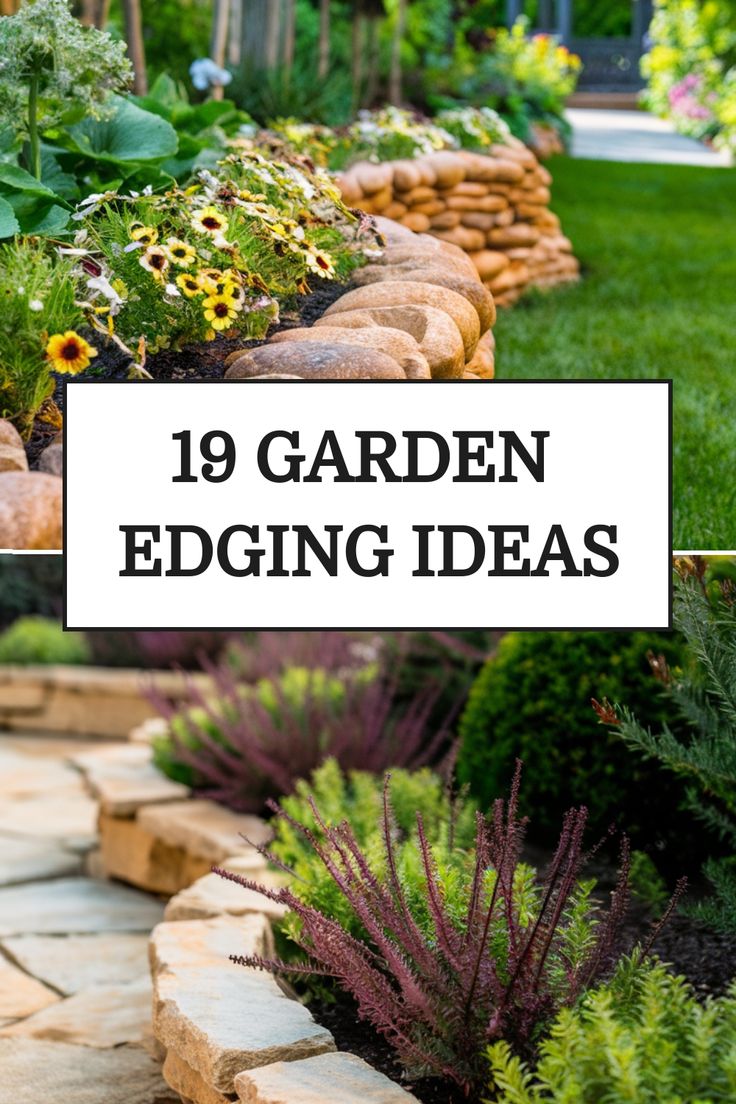 Beautifully landscaped garden with stone borders and decorative plants, captioned "19 Garden Edging Ideas". Garden Edge Ideas, Garden Edges And Borders, Small Garden Raised Beds, Plant Borders, Garden Edging Ideas Cheap, Small Garden Borders, Garden Edge, Edge Ideas, Flower Bed Borders