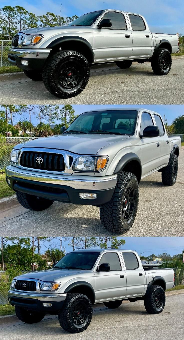 four different pictures of the front and rear sides of a silver pickup truck with black tires