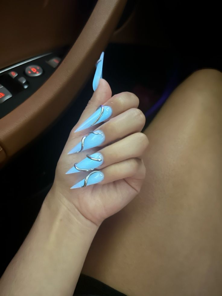 #aesthetic #naildesign #stilettos #bluenails #longnails #nailtrends Light Blue Stiletto Nails, Baby Blue Stiletto Nails, Blue Stiletto Nails, Blue French Tips, Baddie Nails, Stiletto Nails, Blue Nails, Nail Trends, Long Nails