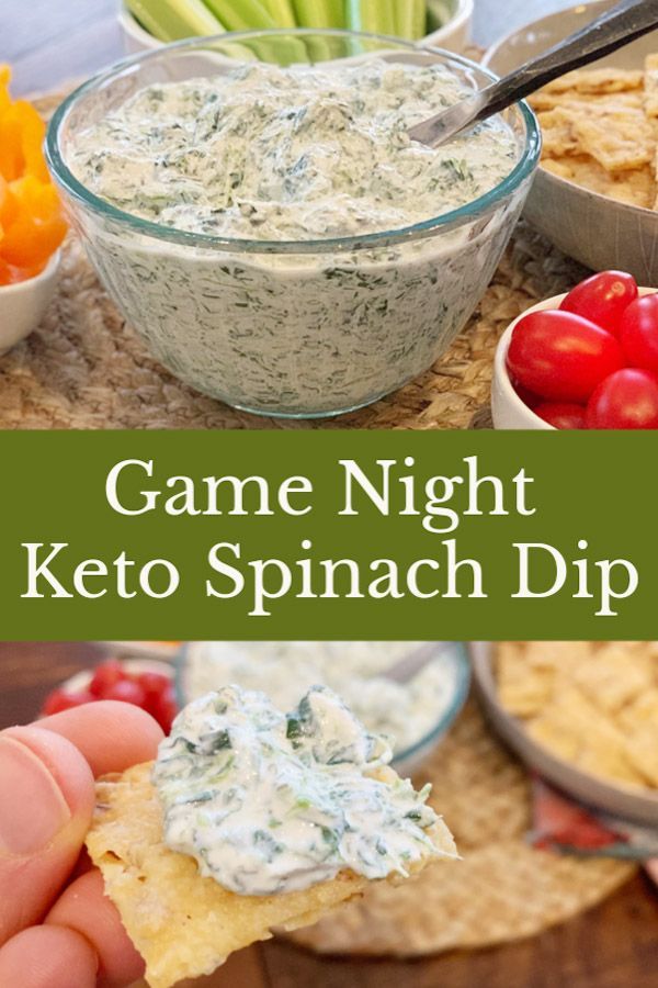 the game night keto spinach dip is served with crackers, tomatoes and celery