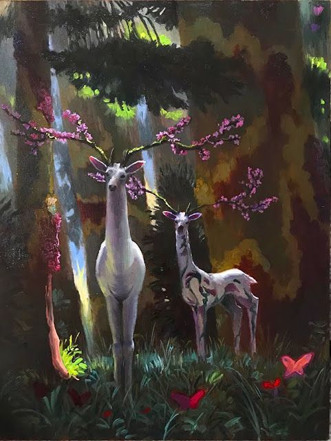 a painting of two animals in the woods