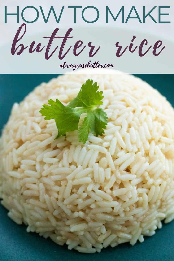 how to make seasoned butter rice on a blue plate with parsley sprig