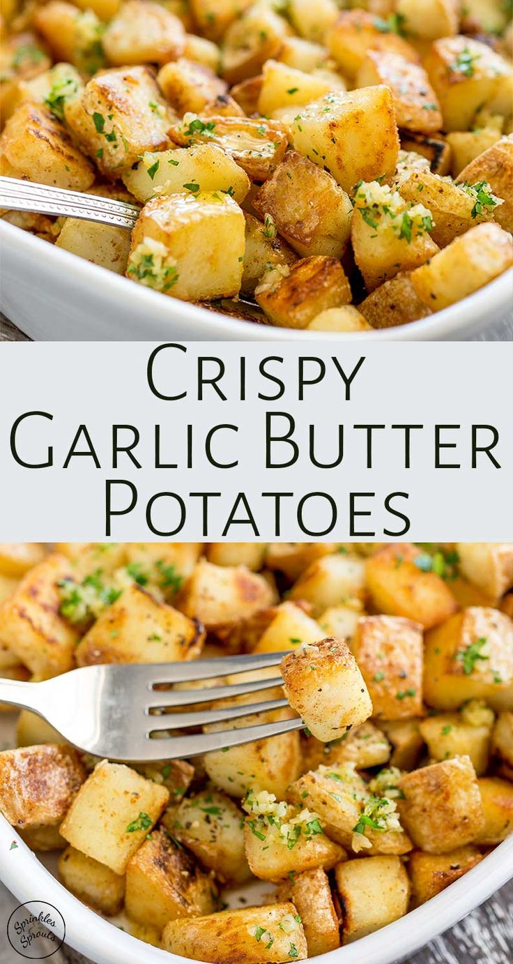 crispy garlic butter potatoes in a white serving dish with a fork on the side