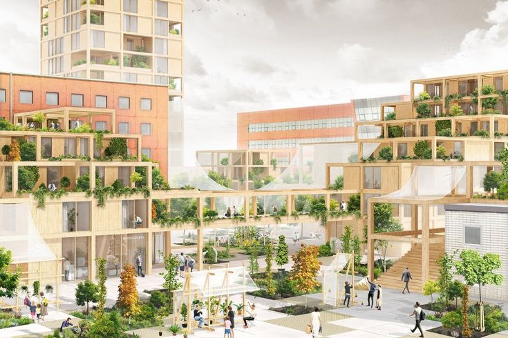 an artist's rendering of a city square with people walking around and trees growing on the buildings