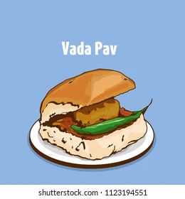 a sandwich on a plate with the words vada pav written above it royalty illustration