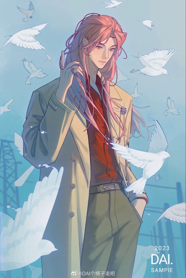 an anime character standing in front of birds