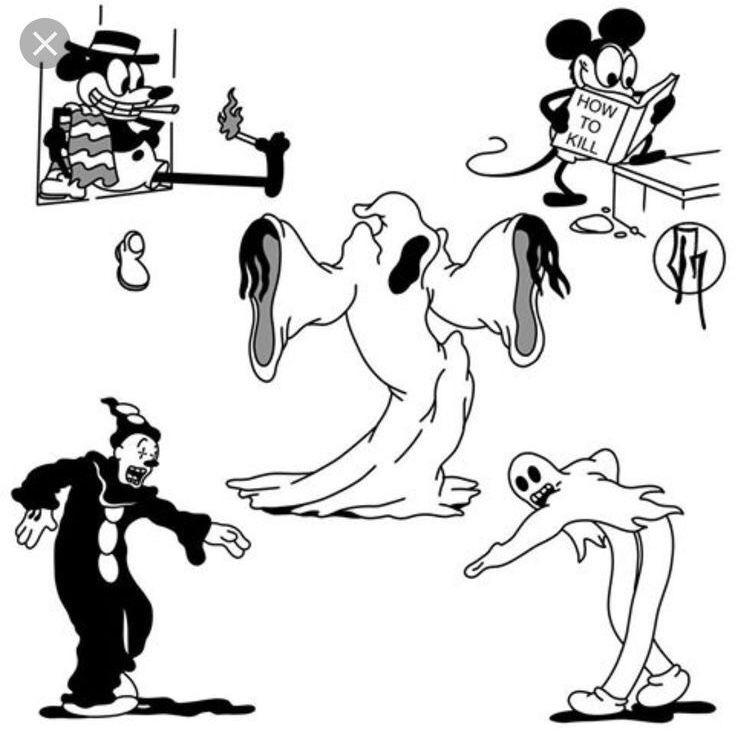 mickey mouse and friends doing different things in the same drawing style, including an image of goofy