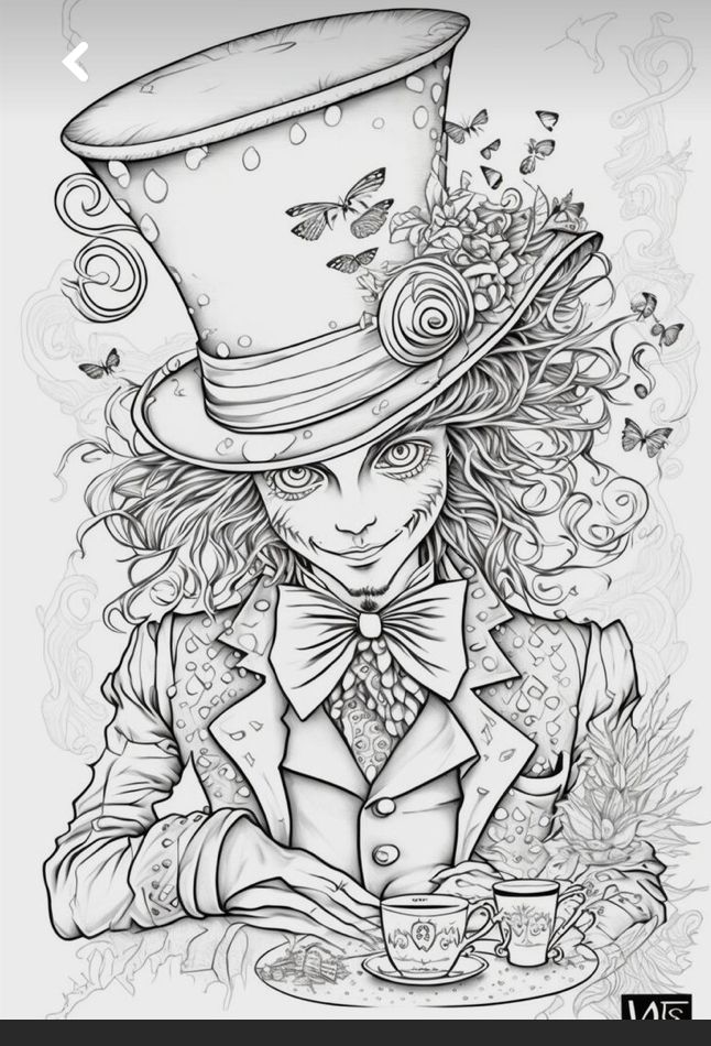 a drawing of a woman with a top hat and bow tie holding a cup in her hands